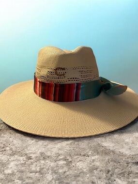Wide-Brim Straw Sun Hat with Striped Ribbon